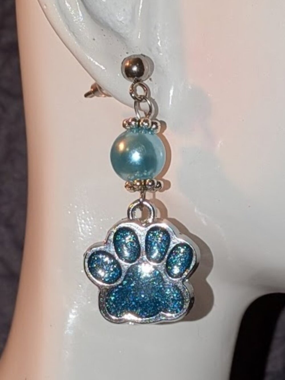 "Light Blue Sparkle" Paw Print Earrings